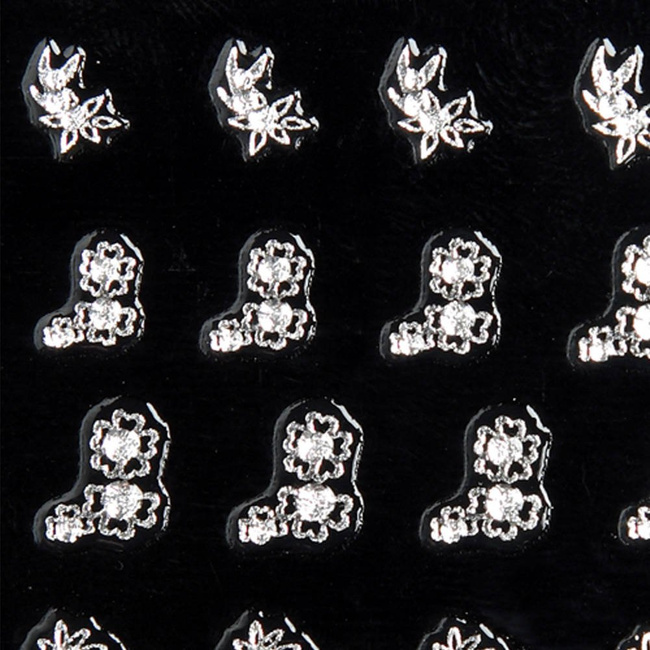 Naklejki na paznokcie srebrne w kwiatki z cyrkonią